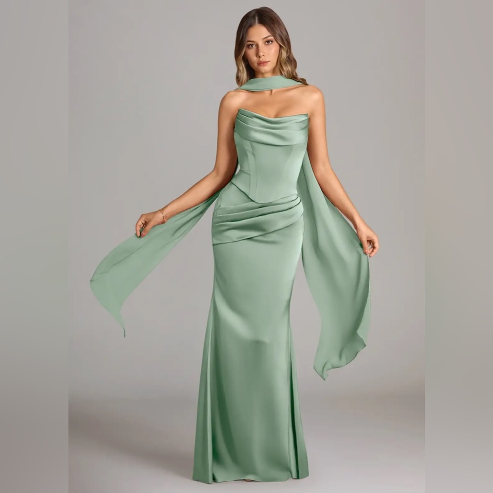 Azazie Sage Green Draped Satin Mermaid Wedding Dress with Shawl